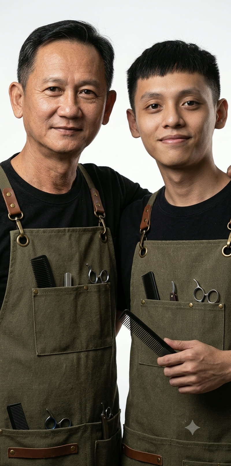 Generasi ketiga dan keempat Kong Ming Barbershop — bapa dan anak